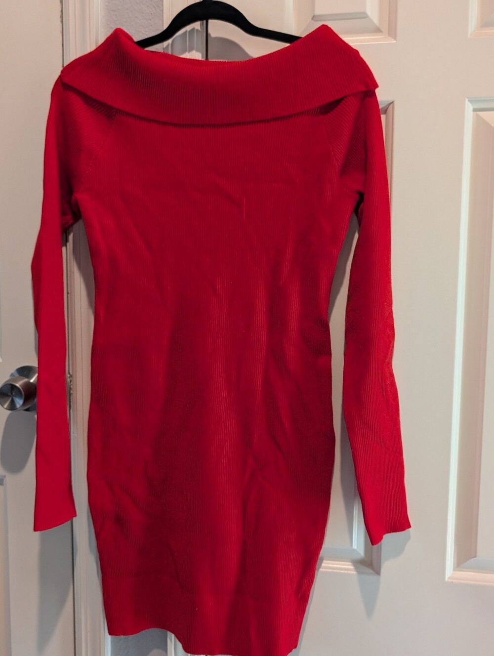Off-Brand Red Ribbed Off-Shoulder Sweater Dress
